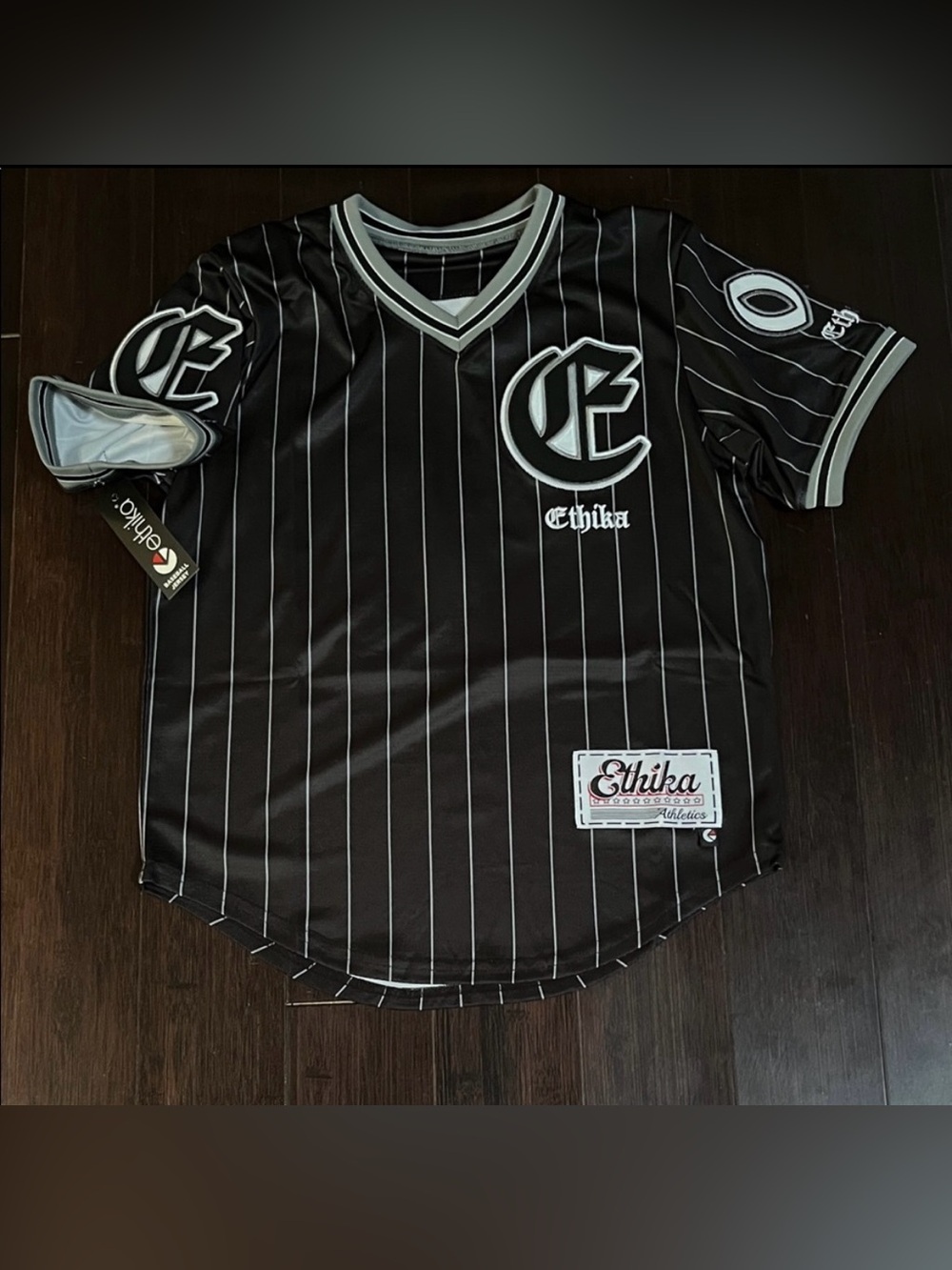 ethika Black Pinstripe V-Neck Kids Baseball Jersey with Gray Trim
